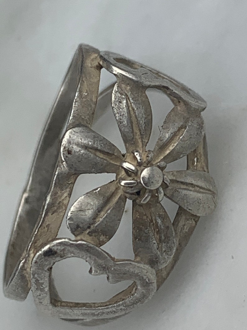 Vintage Sterling Silver Taxco Mexico Flower Daisy Heart Eagle Mark Size 9 Ring
