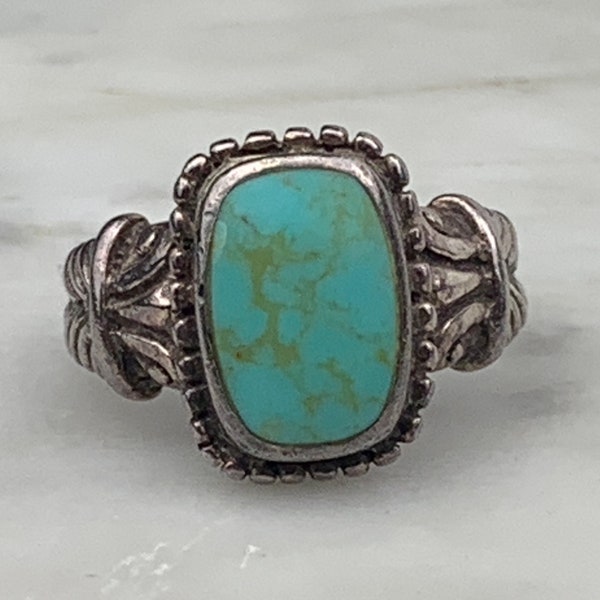 Vintage Sterling Silver CFJ Likely Thai Southwestern Style Blue Turquoise Colored Stone Feather Ribbed Size 7.25 Ring