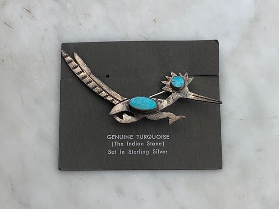 Vintage Sterling Silver Native American NOS Blue Turquoise Stamped Roadrunner Brooch Pin
