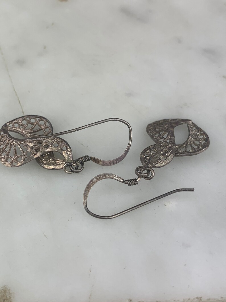 Vintage Sterling Silver Helix Swirl Scroll Infinity Filigree Pierced Dangle Earrings
