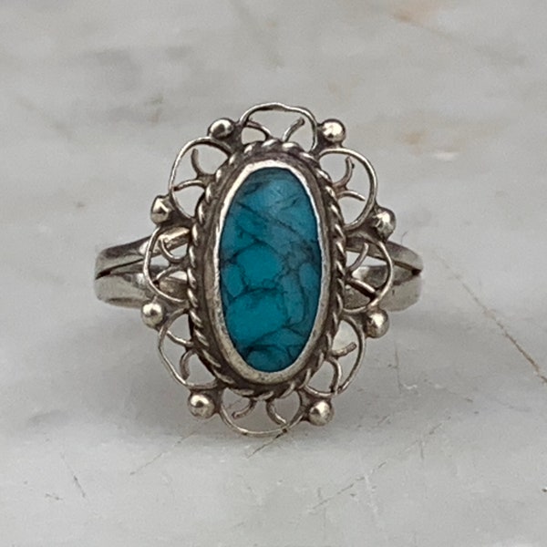 Vintage Sterling Silver Taxco Mexico Beaded Filigree Spider Web Turquoise Size 5.75 Ring