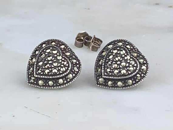 Vintage Sterling Silver Art Deco Marcasite Heart Post Pierced