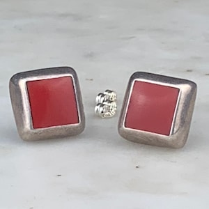 Vintage Sterling Silver Taxco Mexico Modernist Red Inlay Square Patine Pierced Earrings