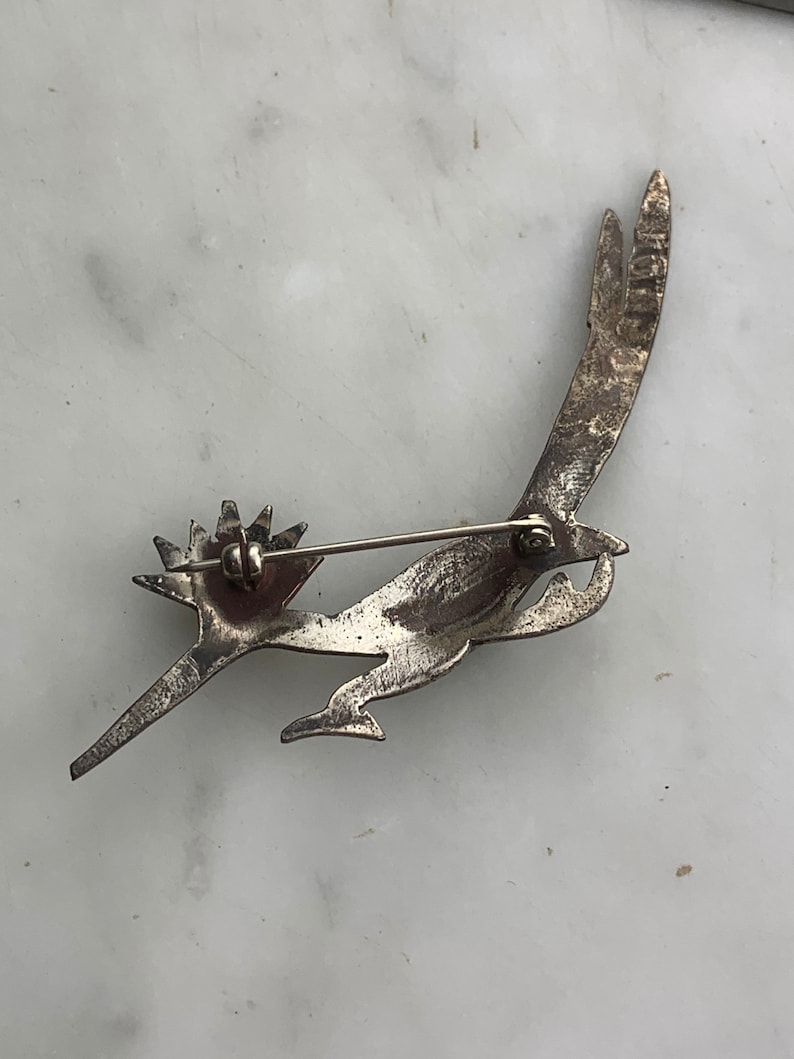 Vintage Sterling Silver Native American NOS Blue Turquoise Stamped Roadrunner Brooch Pin