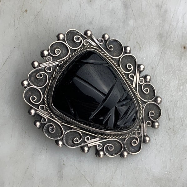 Vintage Sterling Silver Taxco JGC Mexico Black Carved Onyx Aztec Face Mask Beaded Filigree Brooch Pin