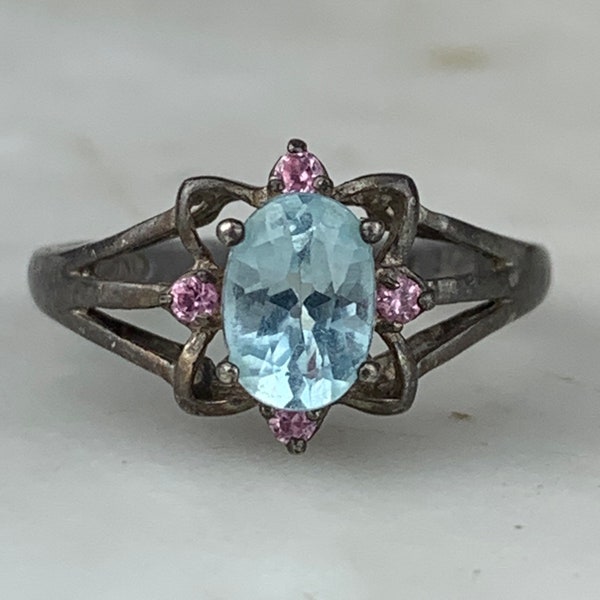 Vintage Sterling Silver Avon Art Deco Blue Gemstone Pink Accents Oxidized Size 5.25 Ring