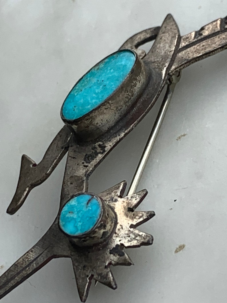 Vintage Sterling Silver Native American NOS Blue Turquoise Stamped Roadrunner Brooch Pin