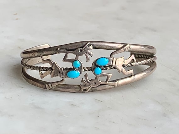 Double Dancing Kokopelli Vintage Native American Navajo Turquoise Sterling Silver Bracelet Double Dancing Kokopelli Vintage Native American Navajo Turquoise Sterling Silver Bracelet