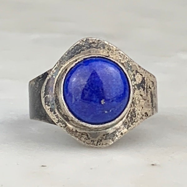 Vintage Sterling Silver Southwestern Handmade Lapis Patina Semi-Wide Band Size 7.25 Ring