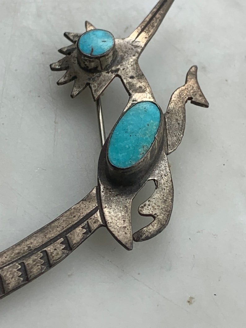 Vintage Sterling Silver Native American NOS Blue Turquoise Stamped Roadrunner Brooch Pin