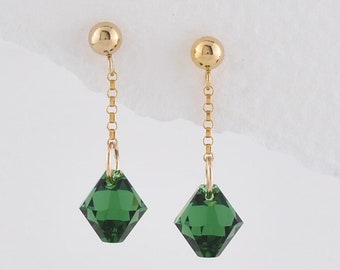 Dark Green and Gold Dangle Earrings, Sparkly Earrings for Daytime or Evenings, Modern Colourful Jewellery for any Occasion, 14k Gold Fill
