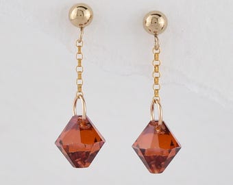 Red and Gold Dangle Earrings, Gold Chain Drop Earrings, Lightweight Modern Everyday Gold Studs, Sparkly Fall Jewellery, Unique Gift For Her