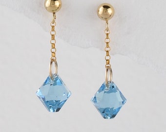 Gold and Aquamarine Stud Earrings, Sparkly Any Occasion Dangle Earrings, Gold Chain Studs Turquoise Blue Jewellery, Colourful Summer Jewelry