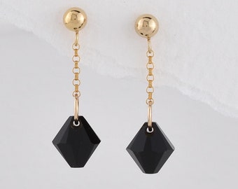 Black and Gold Stud Earrings, Gold Chain Dangle Earrings, Jewellery for Daytime or Evening, Handmade by me in UK to my own Unique Design