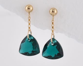 Green and Gold Drop Earrings, 14ct Gold Chain Dangle and Studs, Birthstone Special Gift For Mum Sister Wife Girlfriend, Modern Jewellery
