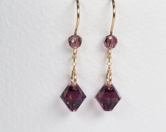 Amethyst colour crystal and 14ct gold fill dangle drop earrings, Everyday purple and gold jewellery, Unique design handmade in UK