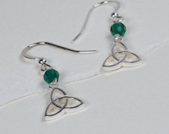Sterling silver Celtic Trinity Knot earrings, Emerald green crystal dangle drop earrings, Celtic Irish gift, Irish dancer jewellery