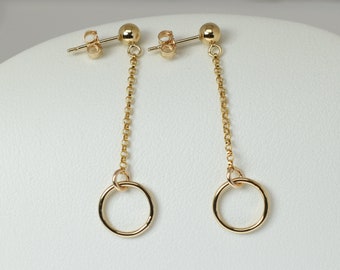 Gold hoop stud earrings, 14k gold small circle earrings, Chain dangle studs, Long gold drop handmade stud earrings