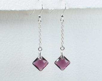Amethyst and sterling silver earrings, Purple crystal dangle drop, Lightweight everyday jewellery, Crystal amethyst birthstone