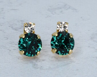 Emerald Crystal Gold Stud Earrings, Bridal jewellery, Bridesmaid Green Studs