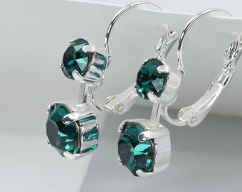 Emerald green crystal, silver lever back earrings, May birthday gift, Bride Bridesmaid jewellery, Lever back fitting pierced ears