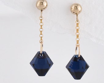 Dark Blue Stud Earrings, Sparkly Everyday Dangle Earrings, Gold Chain Drop Studs, Dark Indigo Blue Jewellery, Colourful Summer Jewelry