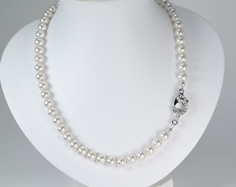 Single Strand Pearl Necklace with Statement Sparkly Crystal Clasp - Pearl Jewellery for Everyday or Evening - Unique Handmade in UK Design