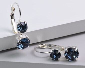 Blue sparkly crystal, dangly drop silver earrings, denim blue sparkle dangle earrings, Lever back fitting for pierced ears