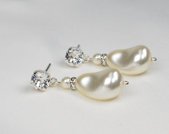Modern Baroque Pearl Drop Silver Stud Earrings - Sparkly Crystal Special Occasion Bridal - Everyday Jewellery -  Pearl Earrings for Weddings