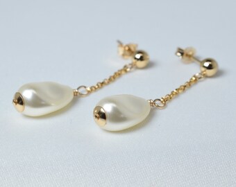 Baroque Pearl Drop Gold Studs - Long Gold Chain Earrings - Everyday or Wedding Earrings for Bride or Bridesmaid - Unique Handmade jJewellery
