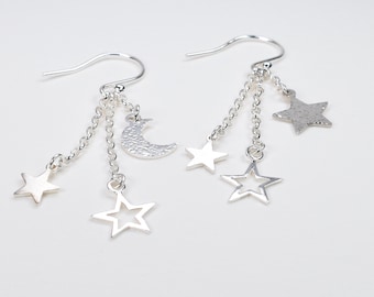 Silver moon and stars earrings, Sterling silver star and moon dangle earrings, Everyday 925 earrings
