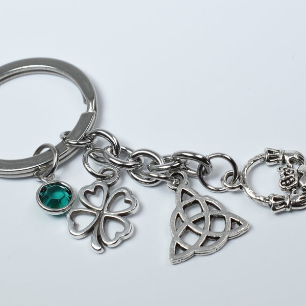Celtic key ring keychain, St Patricks Day, Irish Celtic gift, Triquetra Claddagh Shamrock charms, Irish step dance gift, Emerald crystal