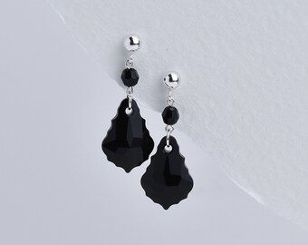 Handcrafted Stud Earrings with Black Crystals & Sterling Silver, Sparkly Stud Elegant Drop Earrings, Handmade in UK