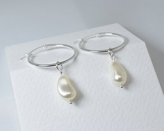 Silver hoop earrings with pearl drops, Sterling 925 silver small hoops, Handmade pearl jewellery, 30th anniversary gift for her