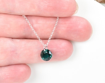 Dainty sterling silver layering necklace, Emerald green crystal charm, Everyday necklace choice of chain lengths