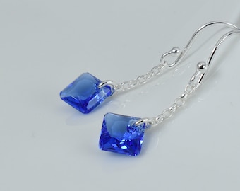 Sapphire dangle earrings, Sterling silver and blue crystal everyday earrings, September birthday gift, Everyday sparkly jewellery