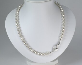 Single Strand Pearl Necklace with Statement Sparkly Crystal Clasp - Pearl Jewellery for Everyday or Evening - Unique Handmade in UK Design