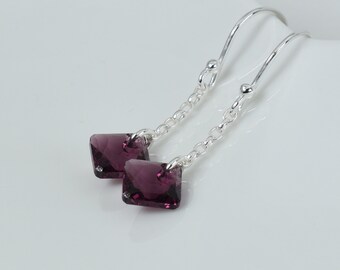 Amethyst dangle silver earrings, Amethyst colour crystal and sterling silver, Lightweight simple earrings, Bridesmaid gift, Purple jewelry
