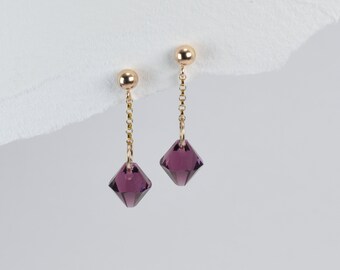 Modern Sparkly Crystal Dangle Earrings - Gold Fill Studs and Dangly Chain - Amethyst Colour Austrian Crystal Drop - Everyday Stud Earrings