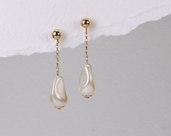 Handcrafted Pearl Dangle Gold Stud Earrings - Sophisticated and Stylish - Handmade in UK - 14k Gold Fill - Elegant Timeless Classic Design