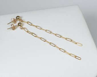 Long chain dangly stud earrings, Gold dangle earrings, Modern trendy handmade design, Paperclip chain, Trendy aesthetic earrings