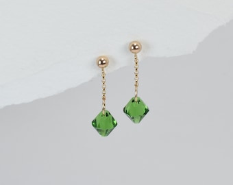 Green Sparkly Crystal Ear Studs - Dangly Fern Green and 14ct Gold Fill Stud Earrings - Everyday Dangle Drop earrings - Gold Fill Jewellery,