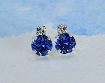 Sapphire Crystal Silver Stud Earrings, Bridal Jewelry