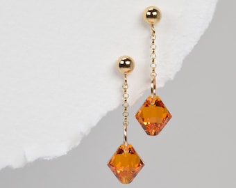 Gold and Orange Stud Earrings, Sparkly Everyday Dangle Earrings, Gold Chain Drop Studs, Orange Topaz Jewellery, Colourful Summer Jewelry