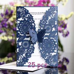 Invitación de boda de jardín de flores de mariposa, tarjetas personalizadas, encaje elegante, color personalizado, tarjetas de invitación de fiesta de boda DIY, sobres