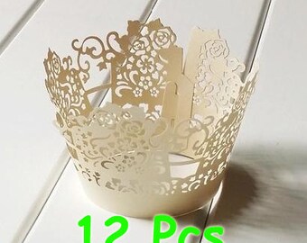 12 pcs Ivory Stencil fancy flower laser cut wrapper flower wrapping Cupcake Wrapping Paper handmade cake wrapper wedding party wraps holder