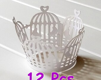 12pcs White bird cage wrapper white Stencil laser wrapper fancy Cupcake Wrapping Paper cake wrapper lace for Christenings Baby Showers