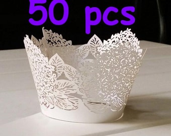 50 Hydrangea cupcake liner Stencil flower shimmer cupcake wrapper white flower custom made Cupcake Wrapping Paper wedding party floral wraps