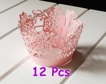 12 pcs Pink Stencil fancy flower laser cut wrapper flower wrapping Cupcake Wrapping paper handmade cake lace wrapper wedding party wraps