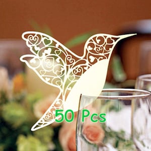 kolibrie plaatskaart filigraan open je hart vogel zoemende vogel plaatsen kaart custom wijnglas kaart bruiloft tafeldecoratie